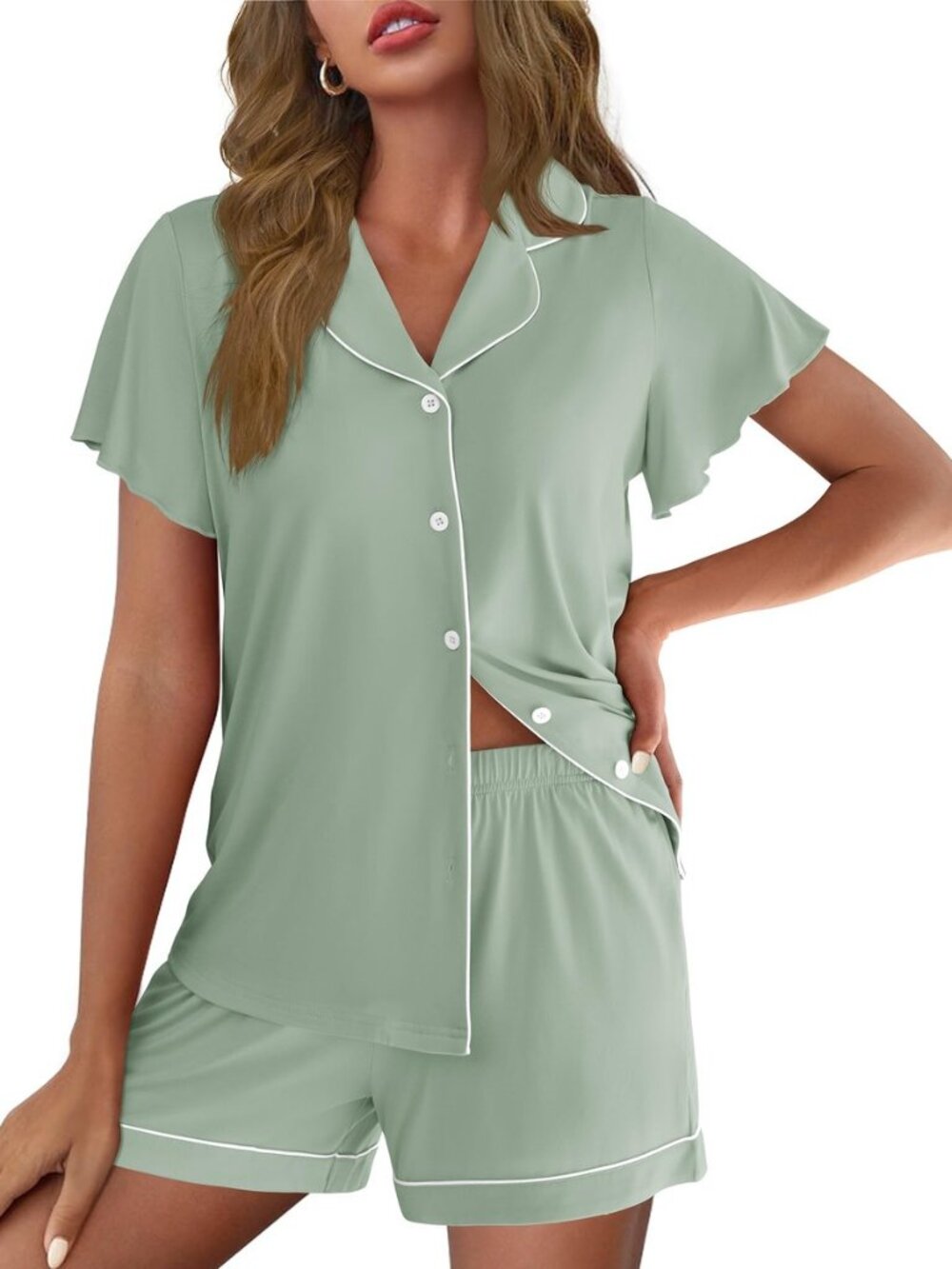 Pajamas for Women Set Button Up Bridal Pjs Ruffle Sleeve